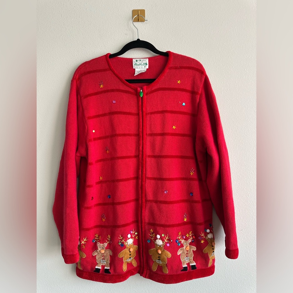 VTG Quacker Factory Red Whimsical Christmas Holiday Cardigan Full Zip Size 1x